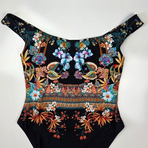 Kenneth Cole Off Shoulder Floral Tropical Stripe One Piece Swim Suit NEW - L - Picture 6 of 11